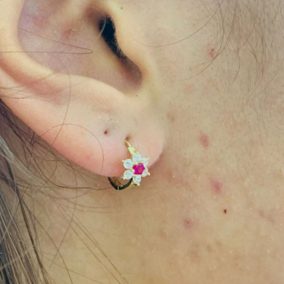 14K Yellow Gold Flowers Huggies Hoop Earrings Birthstones 11x13mm for Baby Girls - Picture 11 of 16